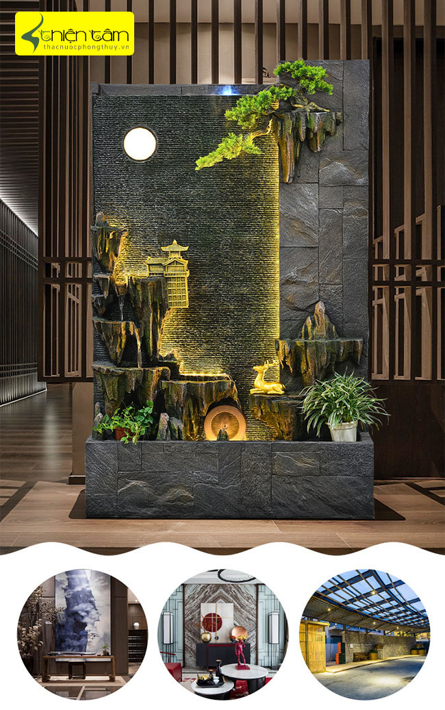 thác nước phong thủy trăng trên tháp cổ được trưng bày ở nhiều không gian